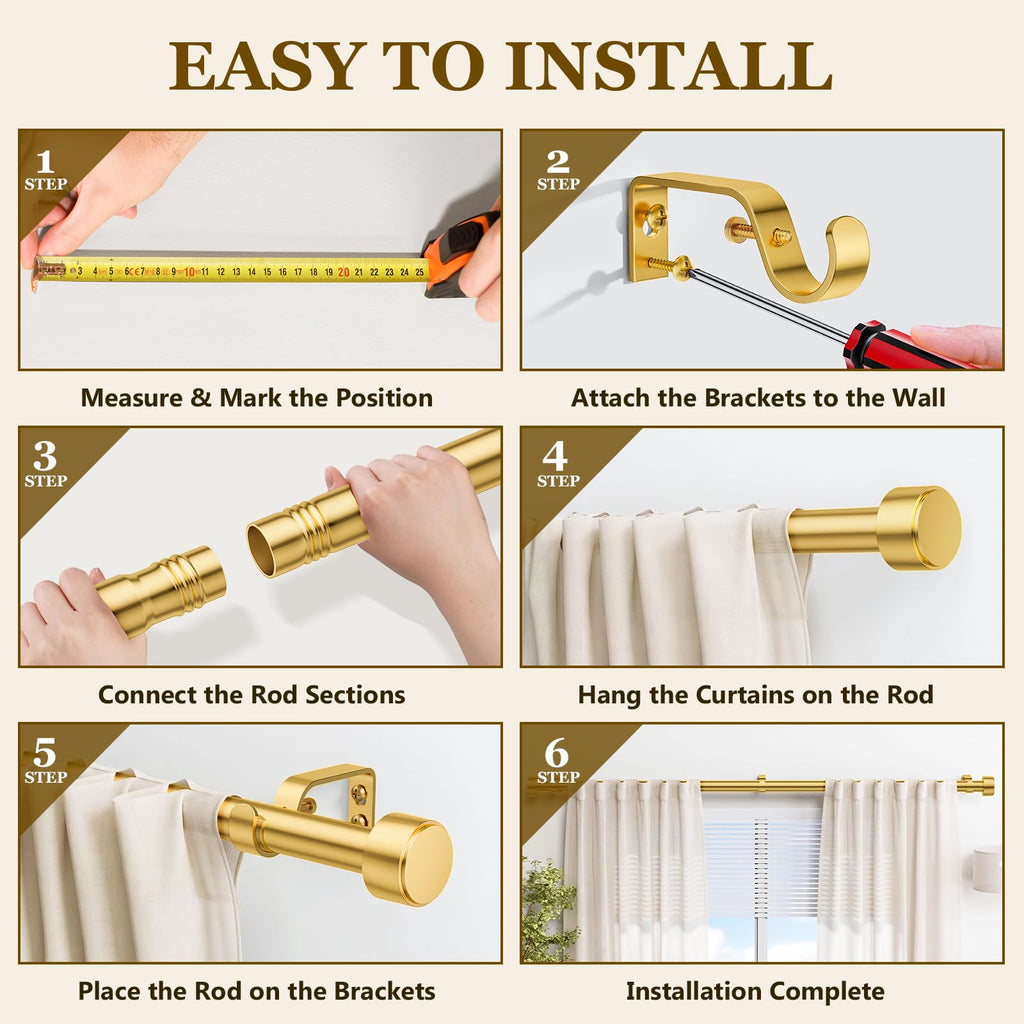 Curtain Rods for Windows 32-144 Inch, 1 Inch Adjustable Gold Curtain Rod Set with Brackets, Easy Install