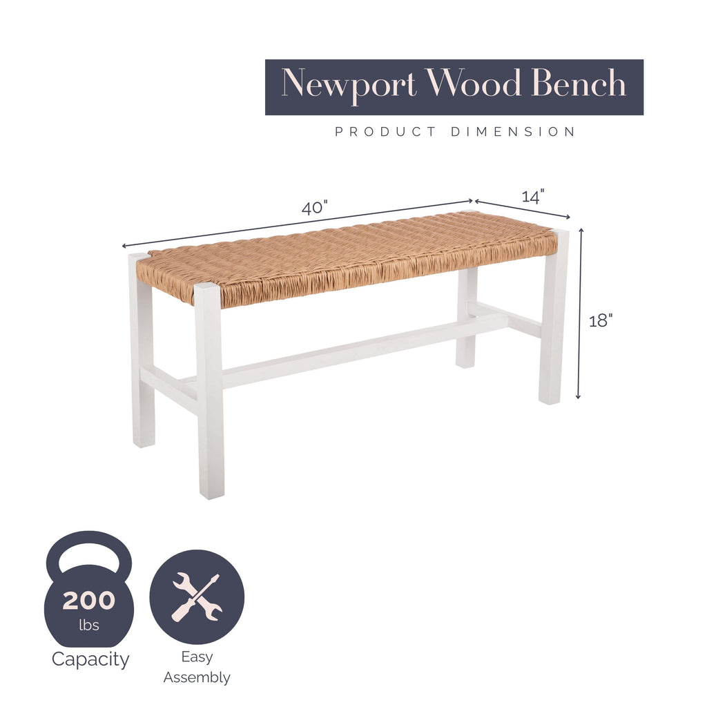 Newport Solid Wood Entryway Bench with Woven Rope Seat, White