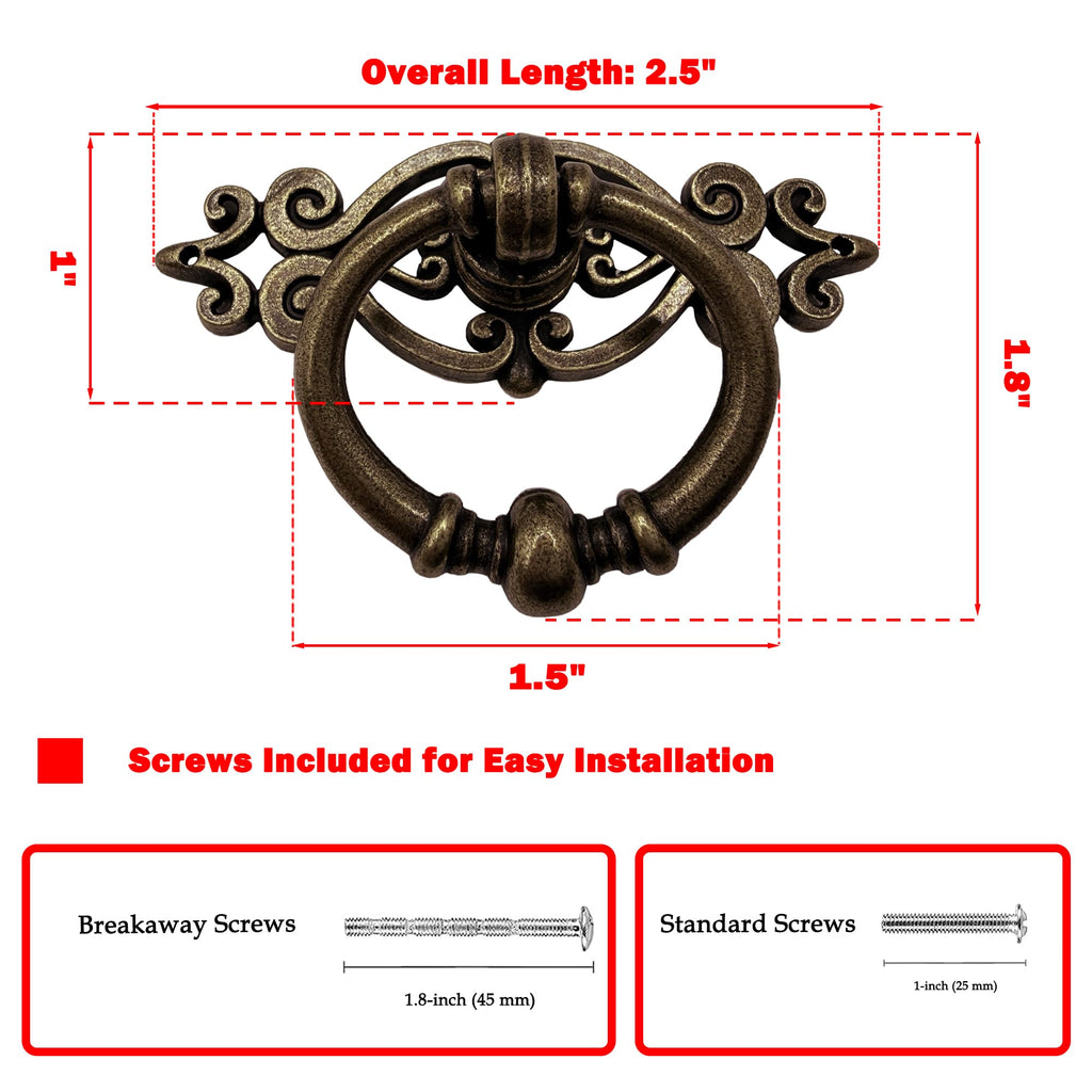 Antique Bronze Ring Pull Handles 8 Pack, Single Hole Drawer Pulls