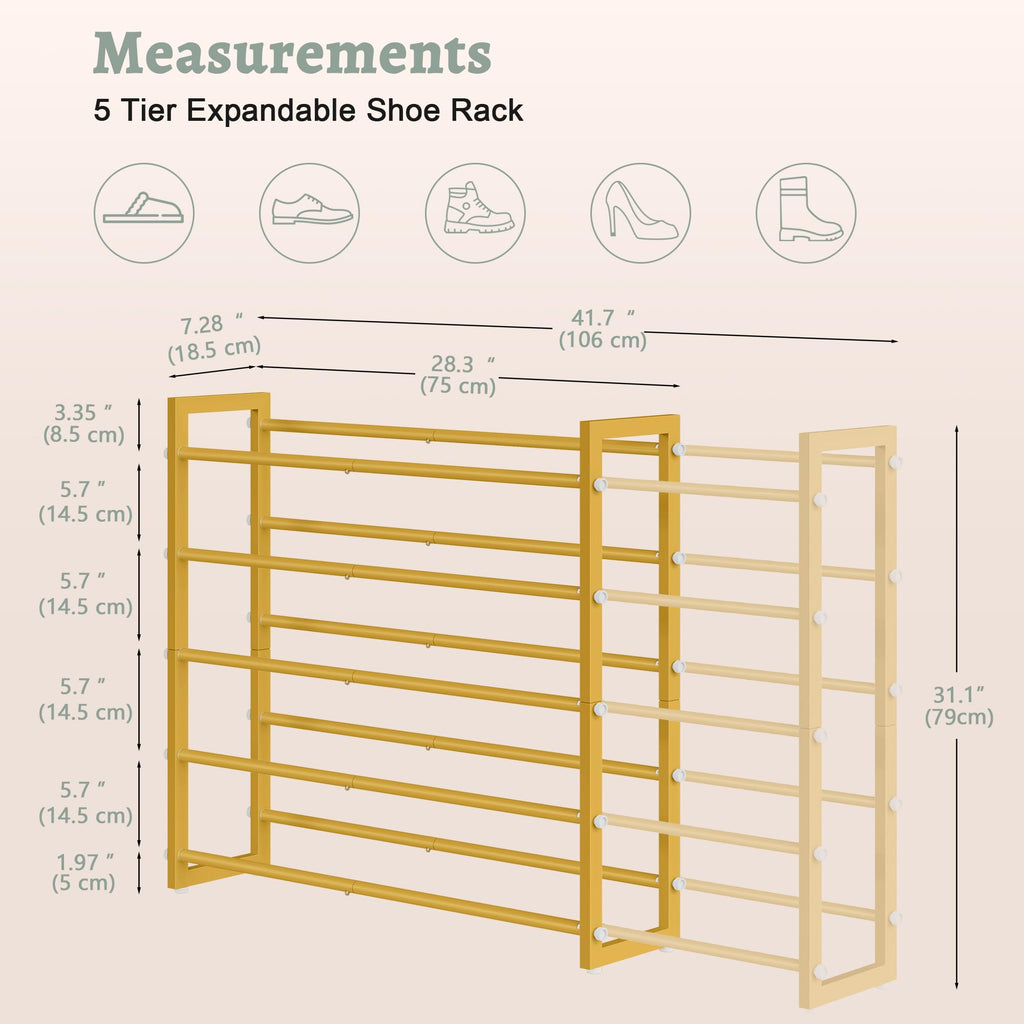 5-Tier Expandable Shoe Rack, Adjustable Shoe Shelf Storage Organizer Space Saving Metal Free Standing Shoe Rack