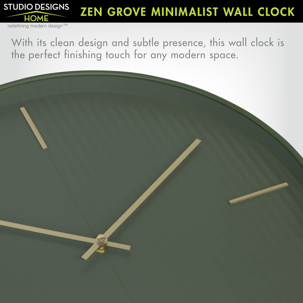 Zen Grove Minimalist Wall Clock, 15.75" Modern Green Wall Clock with Gold Accents, Subtle Stripe Face, Quartz