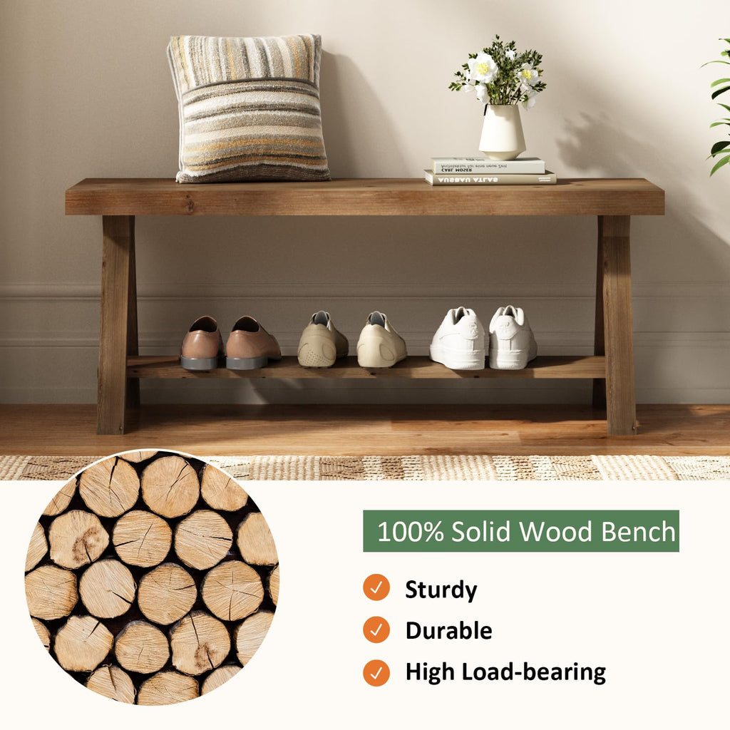 Solid Wood Bench, 43" Farmhouse Entryway Bench with Shoe Storage