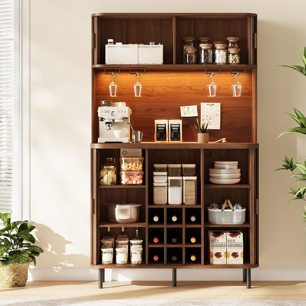 71" Tall Fluted Wine Bar Cabinet with Storage Walnut | Liquor Cabinet, Coffee Bar Cabinet, Large Home Bar, with LED