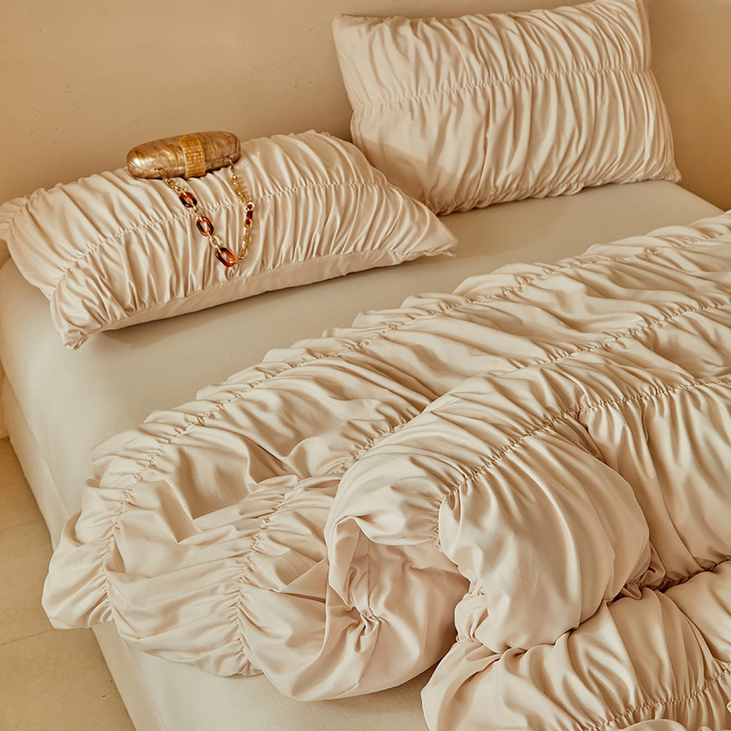 3 Piece Boho Duvet Cover Full Soft Breathable Khaki Ruched Bedding