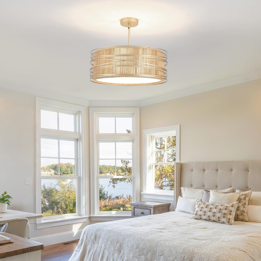 5-Light Rattan Drum Chandelier 19.7'' Boho Gold Pendant Light