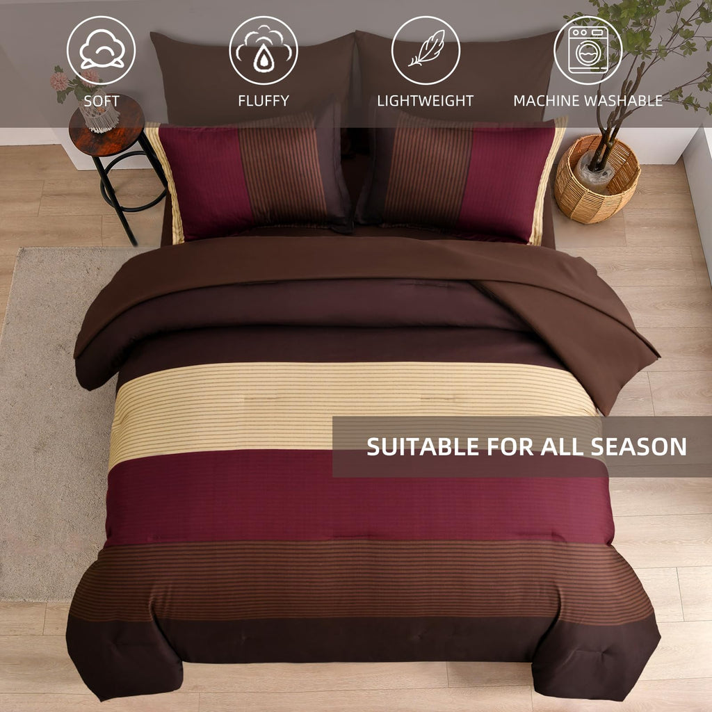 Red and Brown Comforter Set, Boho Burgundy Striped Bedding Comforter Set 7 Piece Bed in a Bag, Soft