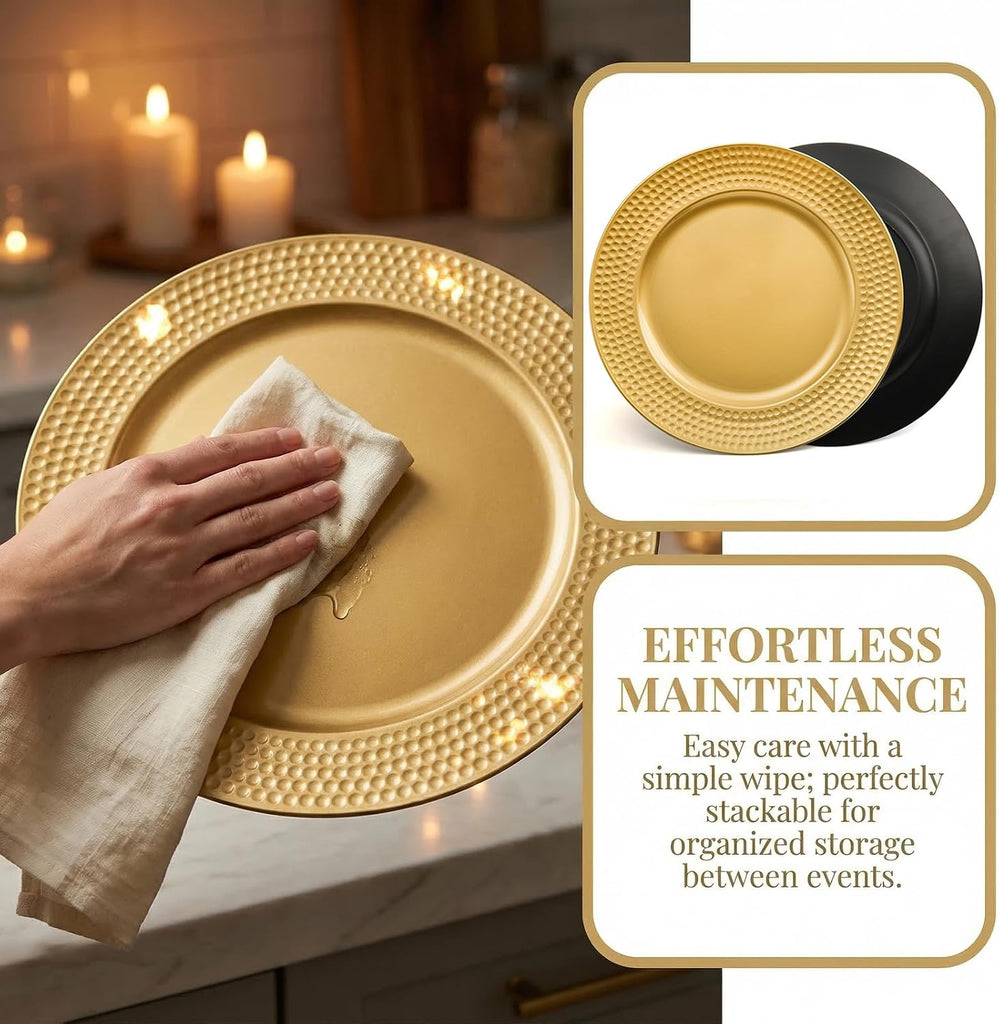 Gold Charger Plates, 13 Inch Round Charger Plates with Hammered Rim, Plastic Charger Plate for Wedding Dinner - Set of 12