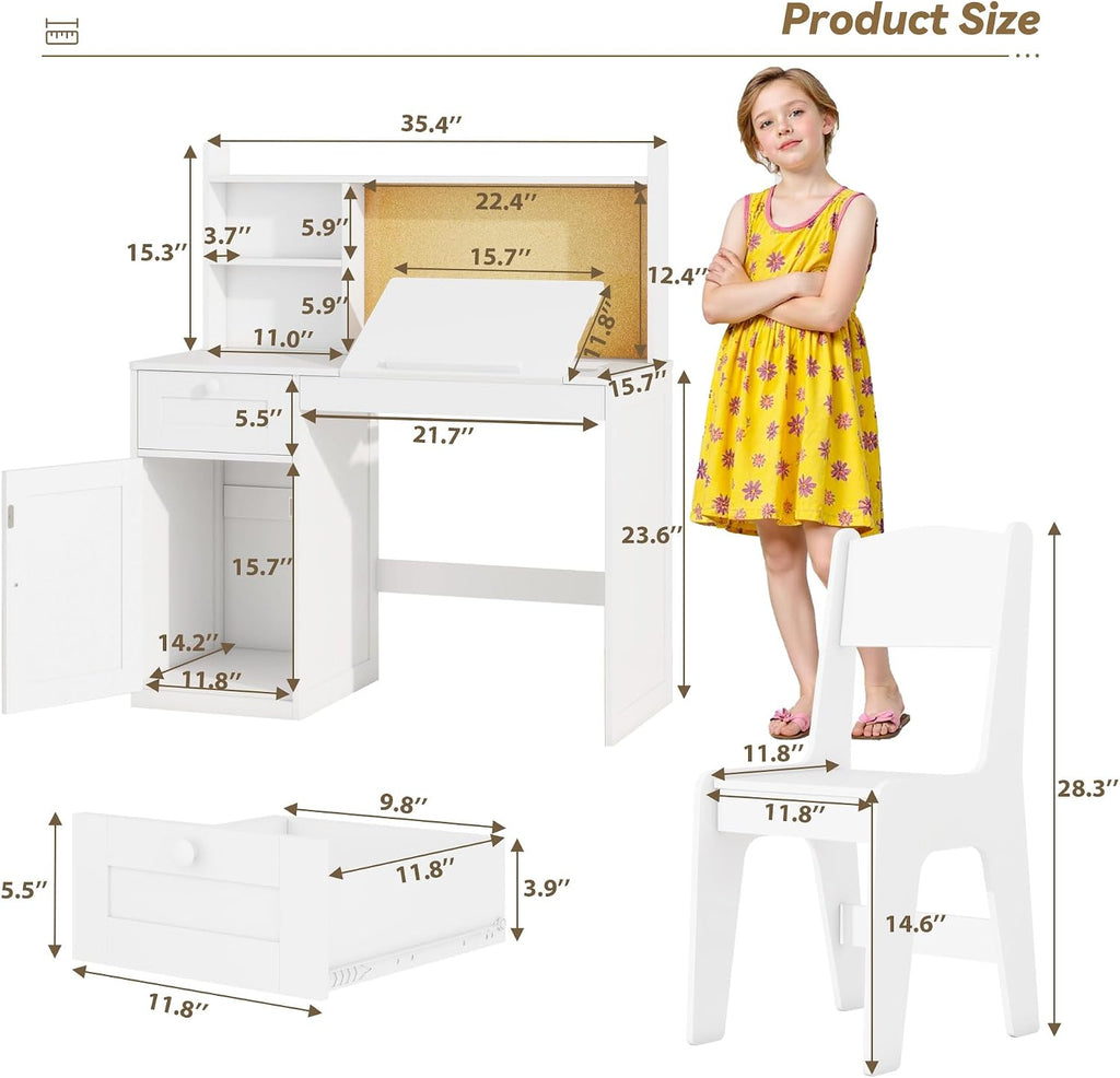 Kids Desk and Chair Set with 0-105° Tiltable Desktop for Ages 5-12, White