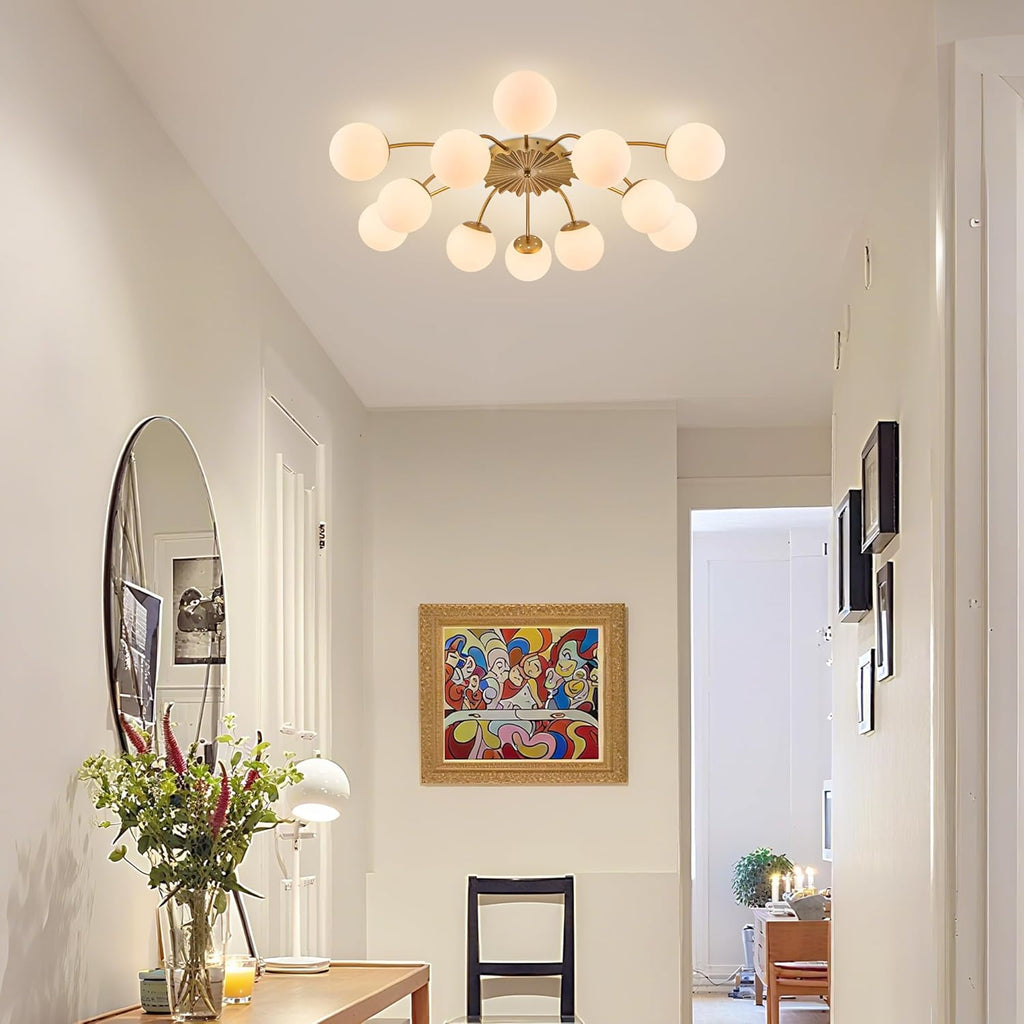 12-Light Sputnik Chandelier Gold and White 38.1 Inches | Flush Mount Ceiling Lights, Blossom Accent, Mid Century Opal