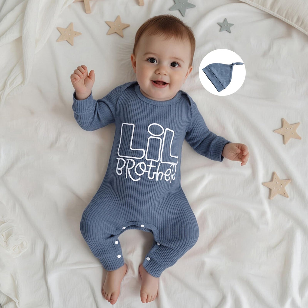 Newborn Baby Boys Romper Long Sleeve Little Brother Letter Print Ribbed Bodysuit Jumpsuit Infant Coming Home Outfit