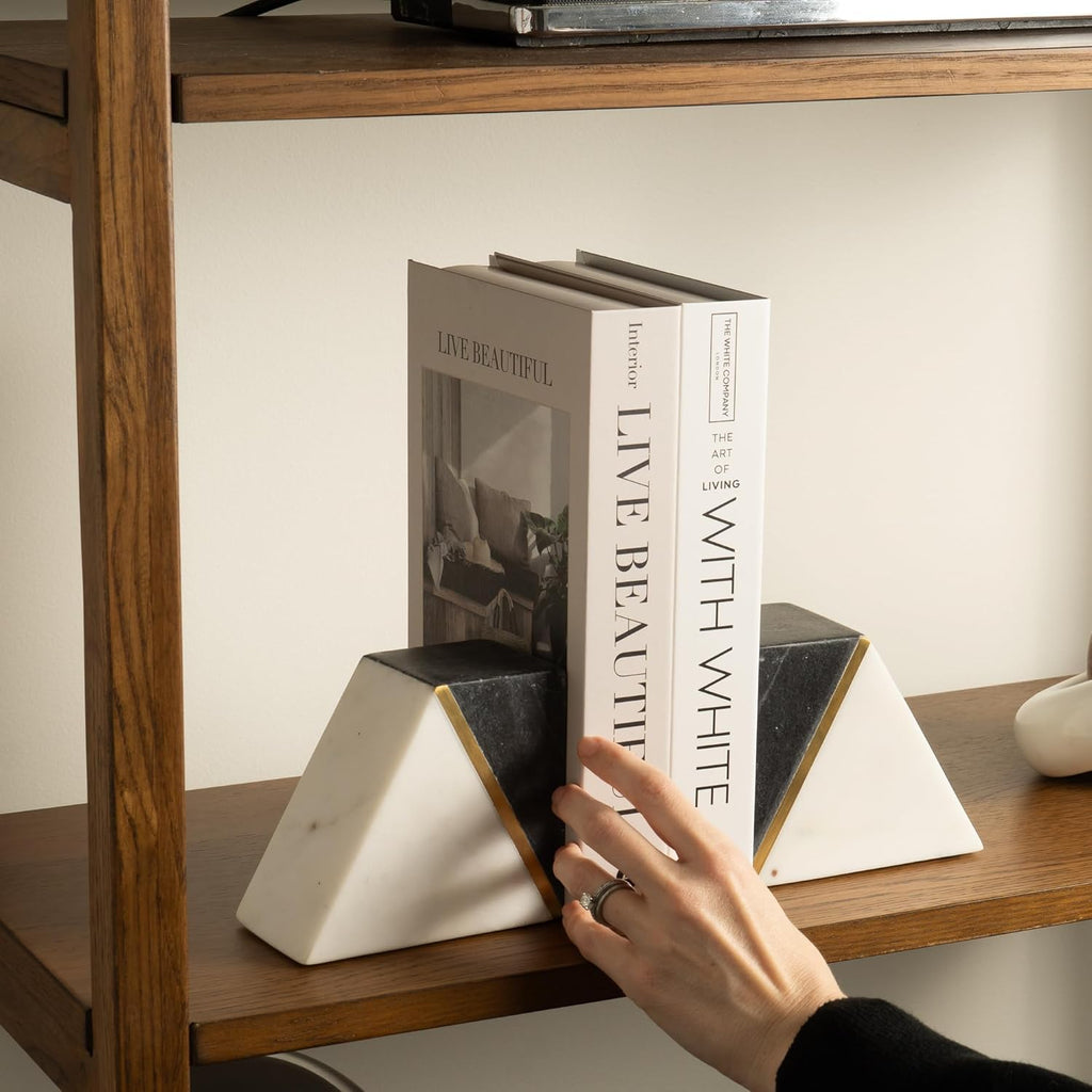 Marble Bookends with Gold Brass, Grey and White, Set of 2 | Heavy Book Ends for Shelves, Solid Stone Bookshelf Decor