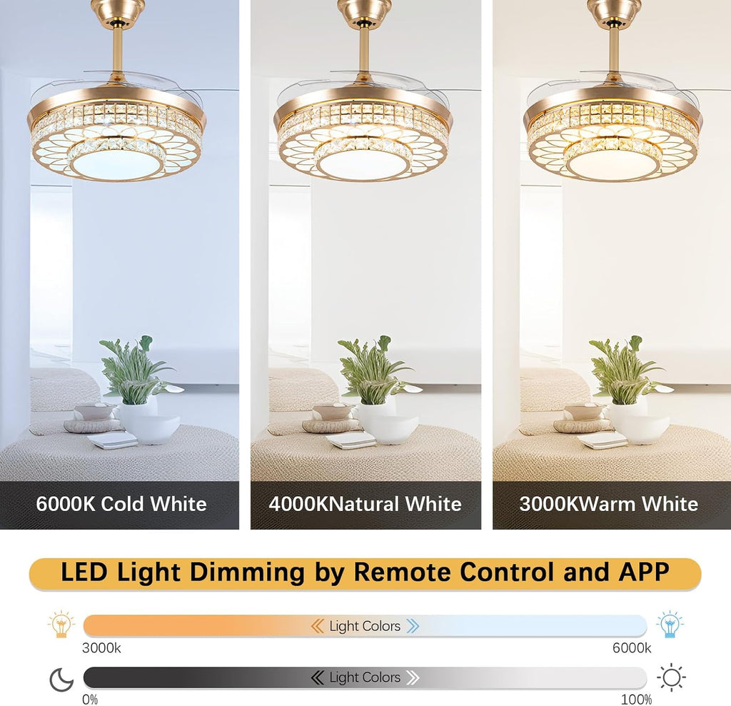 42" Retractable Ceiling Fans with Lights, Crystal Chandelier Ceiling Fan with Remote & APP Control, Modern Dimmable