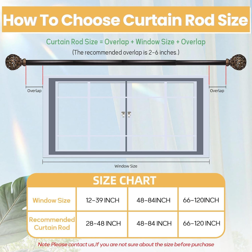 Curtain Rods For Windows 28 to 48 Inches, 1 Inch Heavy-Duty Adjustable Decorative Curtain Rods With Branches Leaves