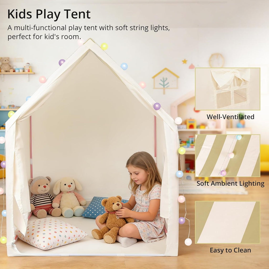 Kids Play Tent with String Lights Indoor, for 1-3 Kids, Beige Stripes