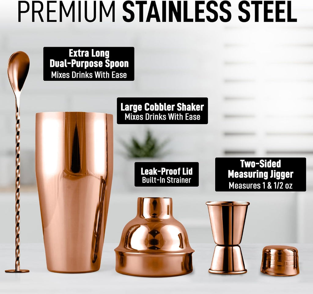 Zulay Cocktail Shaker Set - Stainless Steel Mixed Drink Shaker - Martini Shaker Set with Build in Strainer, Double - Set of 3