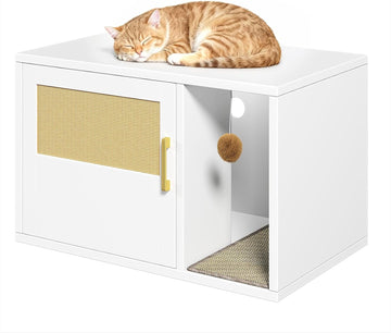 Cat Litter Box Enclosure Furniture - Hidden Cabinet with Odor Control & Scratching Pad, Wooden End Table Bedroom