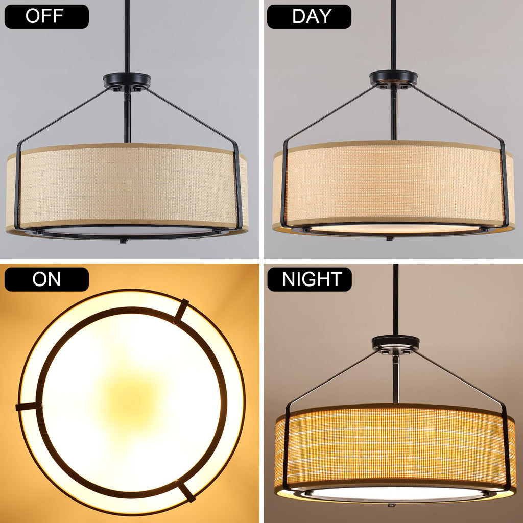 20Inch Drum Chandeliers, Yellow Rattan Drum Chandelier with Metal and Fabric Shade, Adjustable Height, Simple Modern