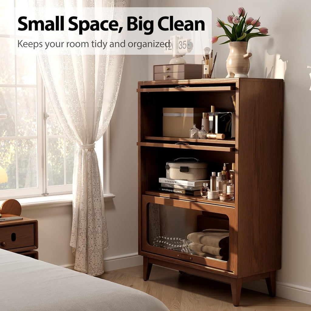Solid Wood Storage Cabinet with Glass Doors, 3 Shelf Small Storage Cabinet, Mid Century Modern Bookcase, Kitchen