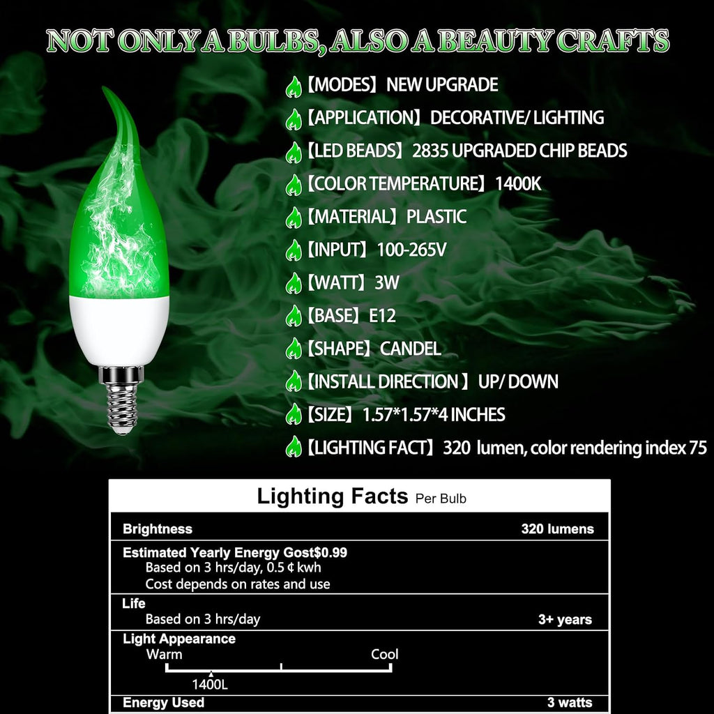 E12 LED Flickering Candelabra Flame Effect Light Bulbs - Green
