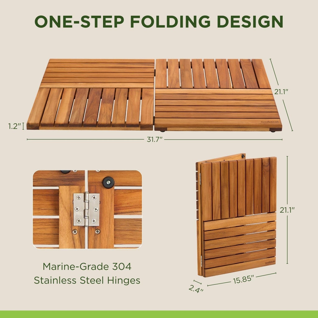 Premium 32"x21" Foldable Solid Teak Shower Mat, Non-Slip Bath Mat