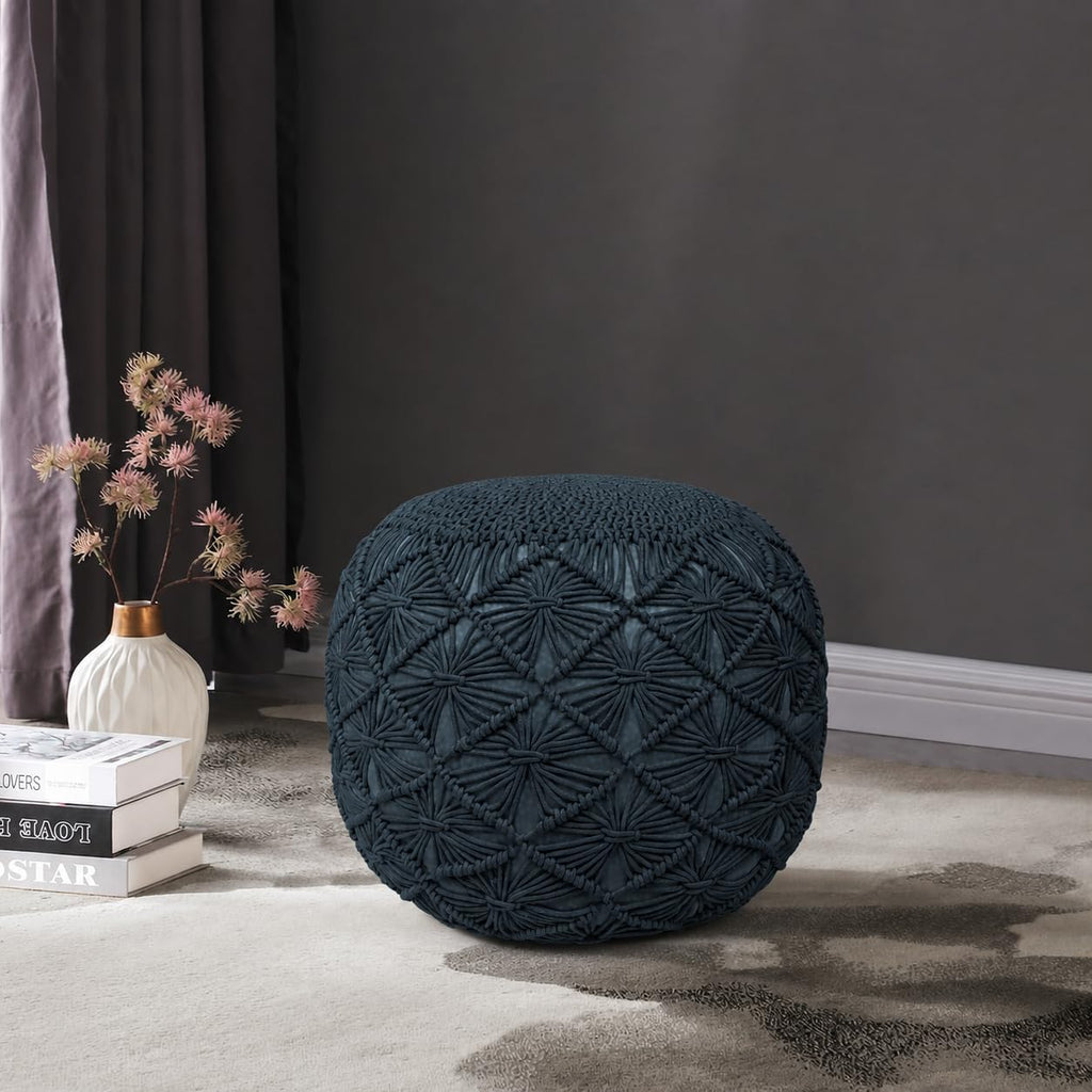 Macrame Pouf Ottoman 20x20x14 Teal Handwoven Dori Footrest Stool