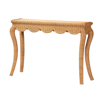 Deborah Natural Rattan Console Table - Handwoven Wicker Accent Table with Cabriole Legs, Scalloped Coastal Cottage