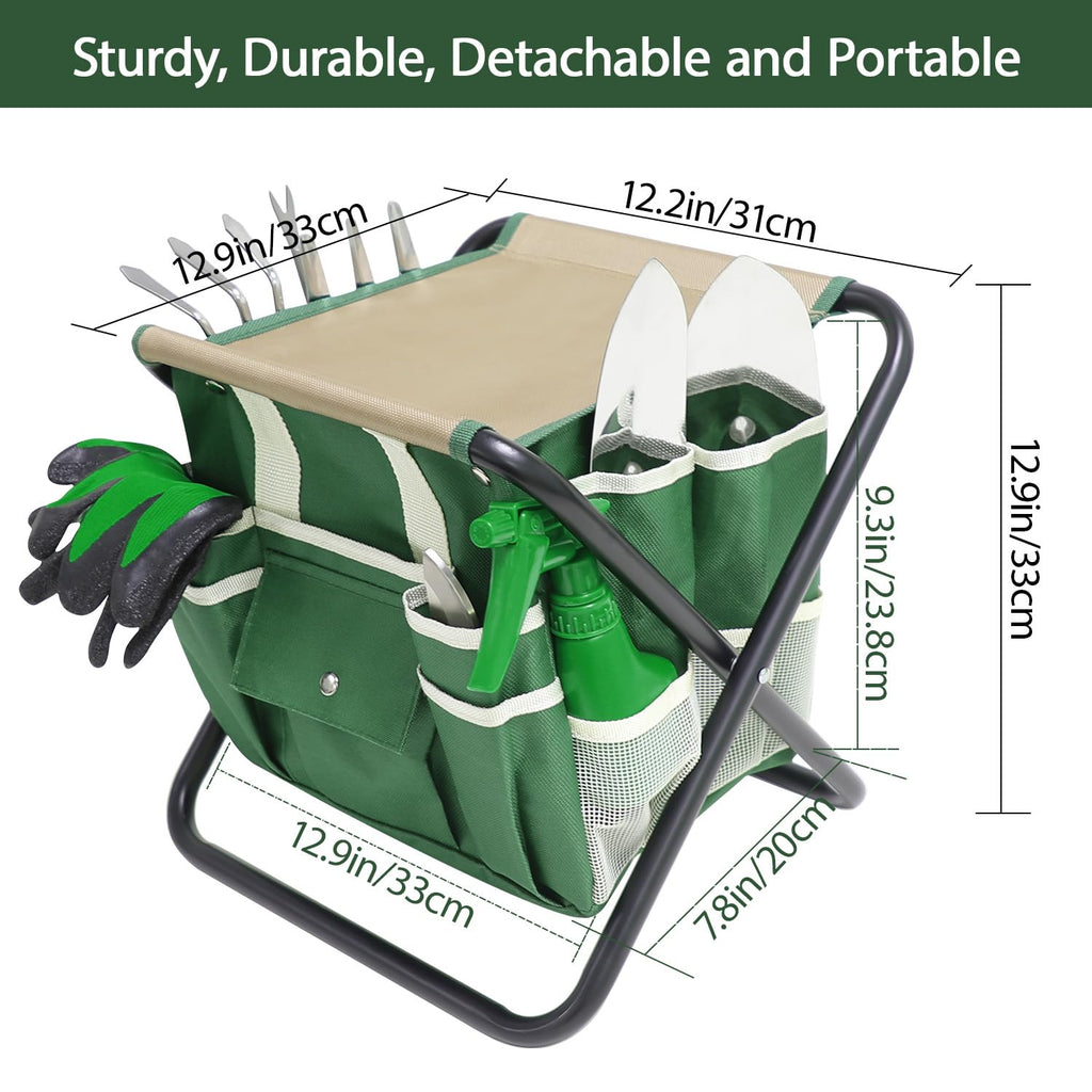 Garden Tool Set, 10 Piece Kit with Heavy Duty Folding Stool, Detachable Storage Tote Bag, Stainless Steel Tools