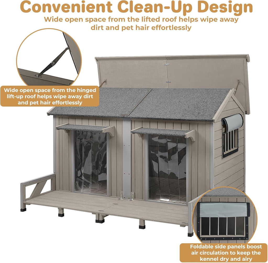 Dog House Outdoor Double Room Cedar Wood with Porch for 2 Dogs