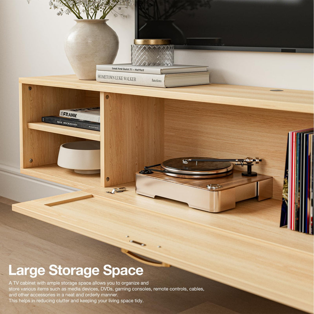 Floating TV Stand with Rattan Door and Large Storage TV Shelfs, Wood