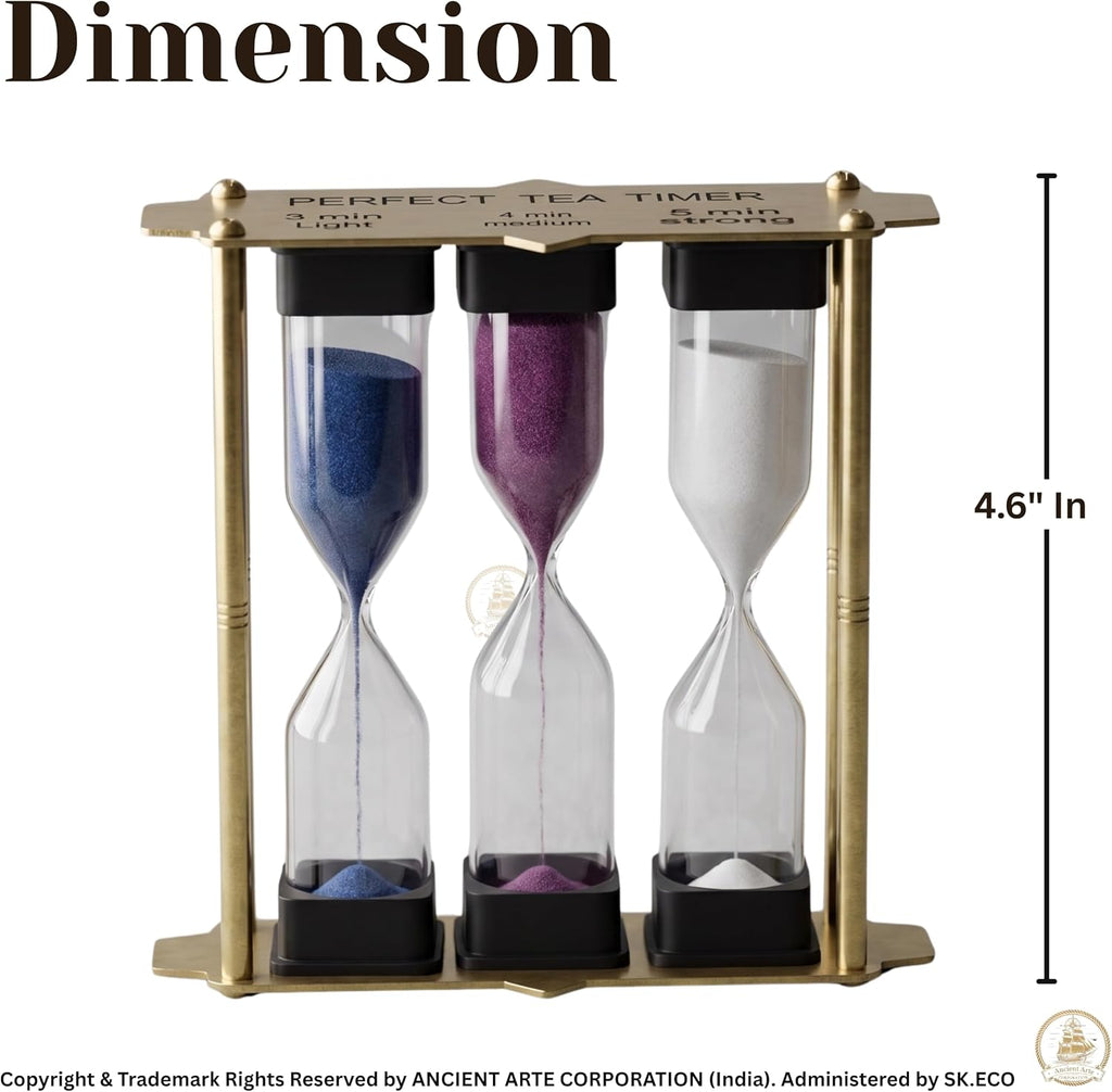 Sand Timer Hourglass Set with Blue Purple White Sand, Brass-Tone Metal Frame, Multiple Timing Options, 4.6 Inch - Set of 3