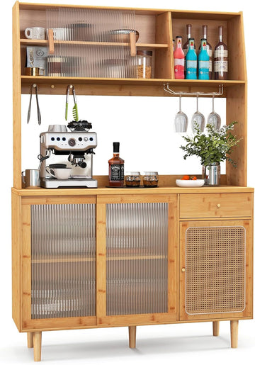 69" Kitchen Pantry Cabinet, Bamboo Hutch Storage Cabinet w/Storage | Freestanding Buffet Sideboard Cabinet with