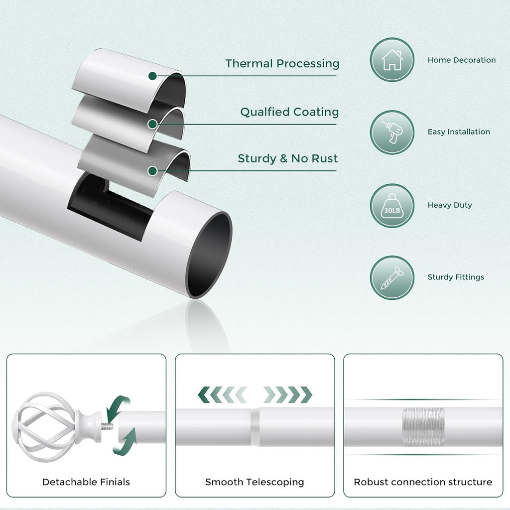 White Curtain Rod 36-72 Inch, Decorative Curtain Rods for Windows with Twisted Cage Finials, 3/4" Adjustable Heavy