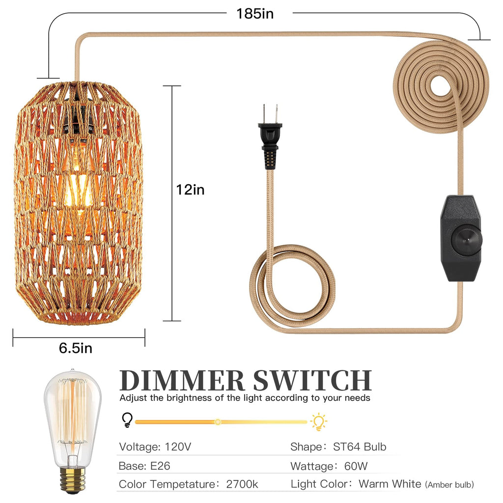 Boho Plug in Pendant Light Rattan Hanging Lights with 15FT Cotton Cord & Stepless Dimming Switch, Woven Wicker Basket