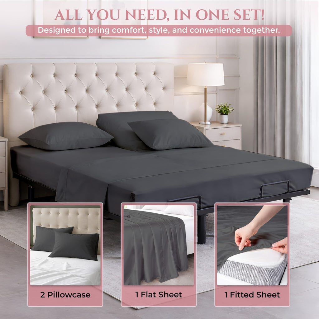 Flex Head King Sheets Sets for Adjustable Beds-Top Split King Sheets Sets (4 Pcs) King 34 Inch Down Sheets Slate Grey
