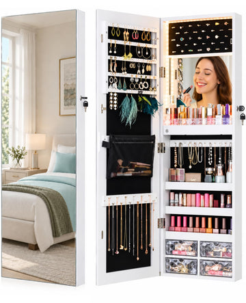 White LED Jewelry Cabinet Wall-Mounted, 42 in Mirror with Storage
