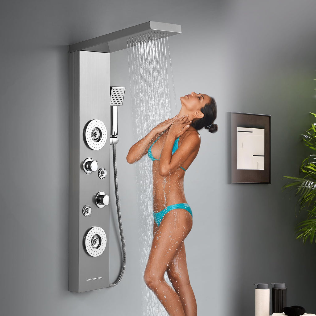 5 in 1 Rainfall Shower Panel Tower with Tub Spout, Brushed Finish