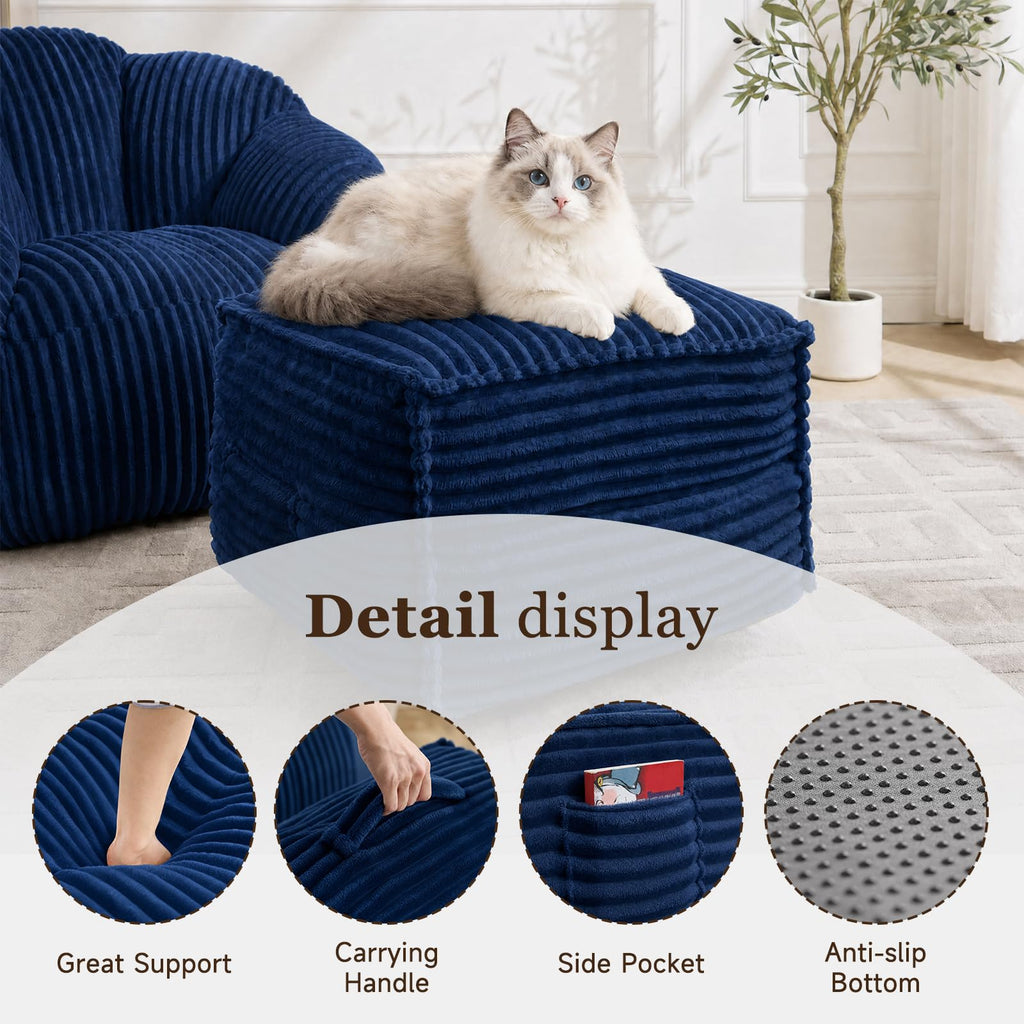 Square Stuffed Pouf Ottoman with Foam Chunk Filling, Navy