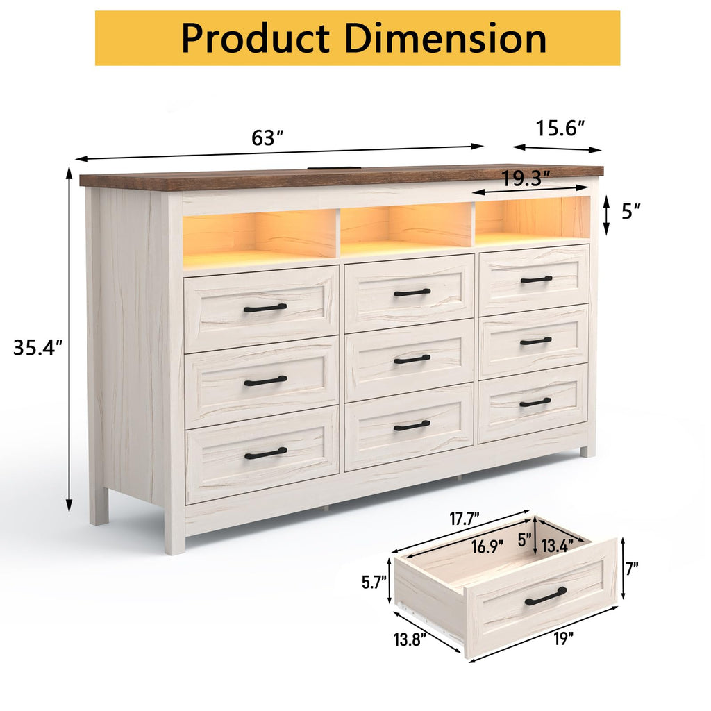 Farmhouse 9 Drawer with LED Lights, 63" Wide Large Chest of Drawers, Modern Wood Storage Organizer with Charging