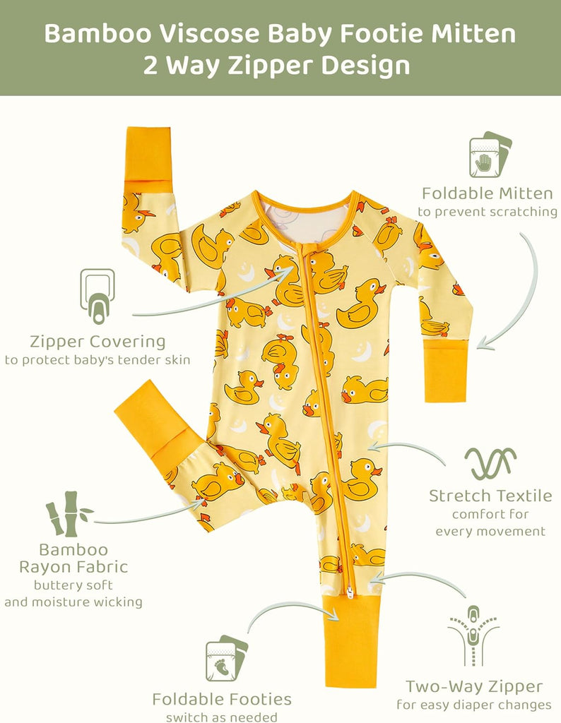 Bamboo Viscose Baby Footies with Mitten Cute Prints Long Sleeve Romper Jumpsuit Toddler One-Piece Outfits