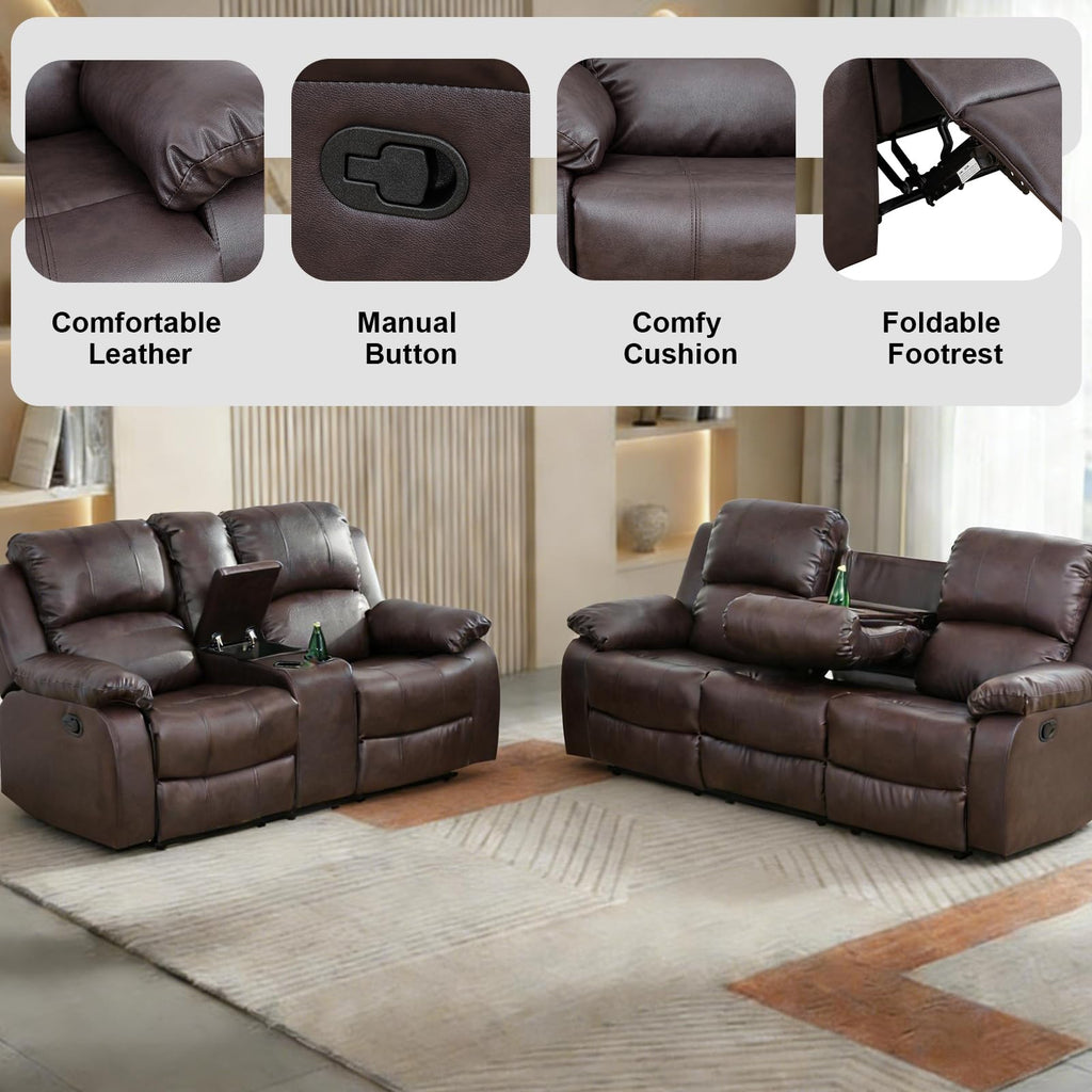 3 Piece Reclining Sectional Couch - Manual Brown Leather Sectional Couch with Recliner, Storage Console, Cup Holders