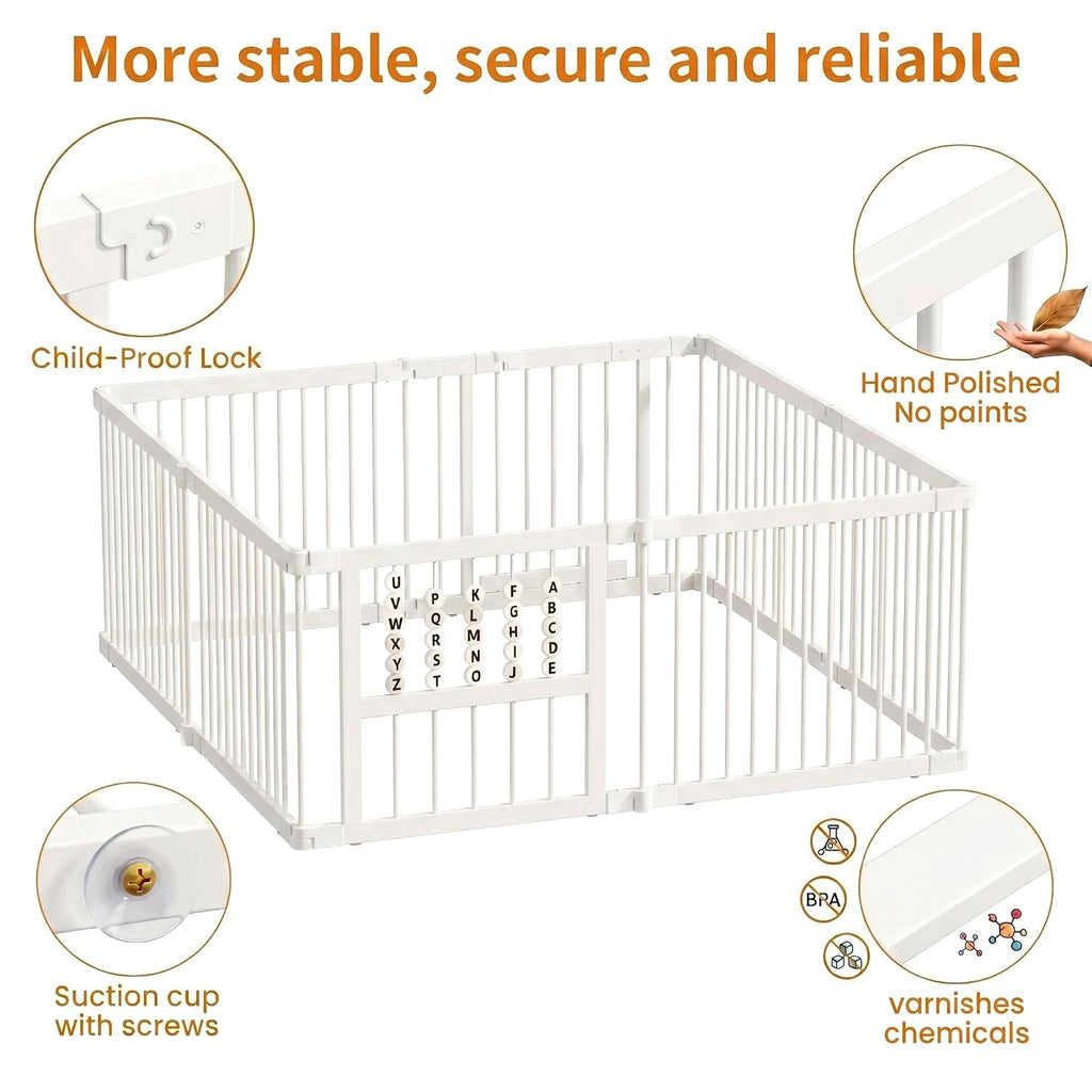 Bamboo Baby Playpen 64x64x26-8 Panel Adjustable Multi-Shape Large Play Yard for Toddlers with Locking Gate Portable