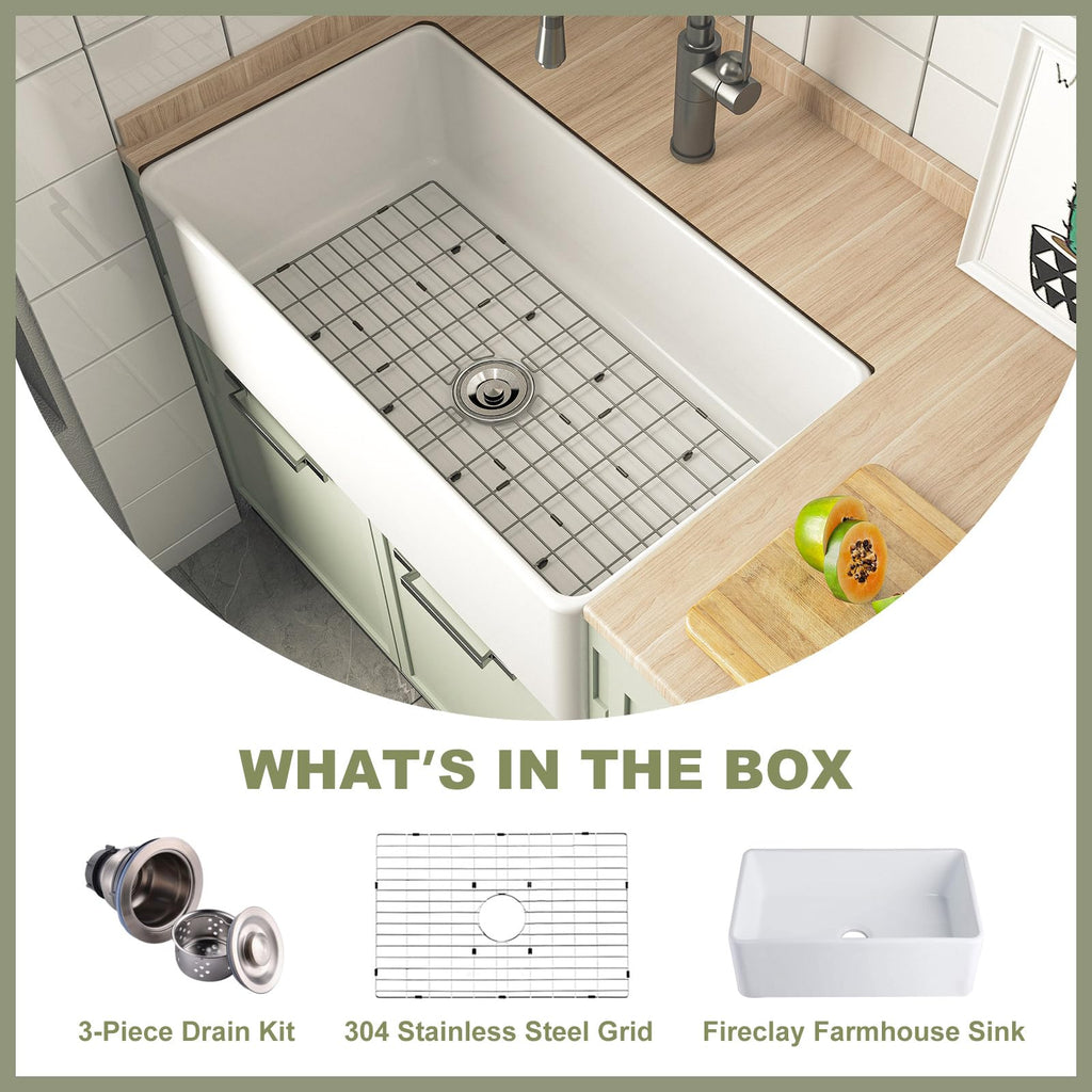 Farmhouse Kitchen Sink, 30-inch Single Bowl Sink with Bottom Grid & Strainer, Large Apron-front Ceramic Porcelain