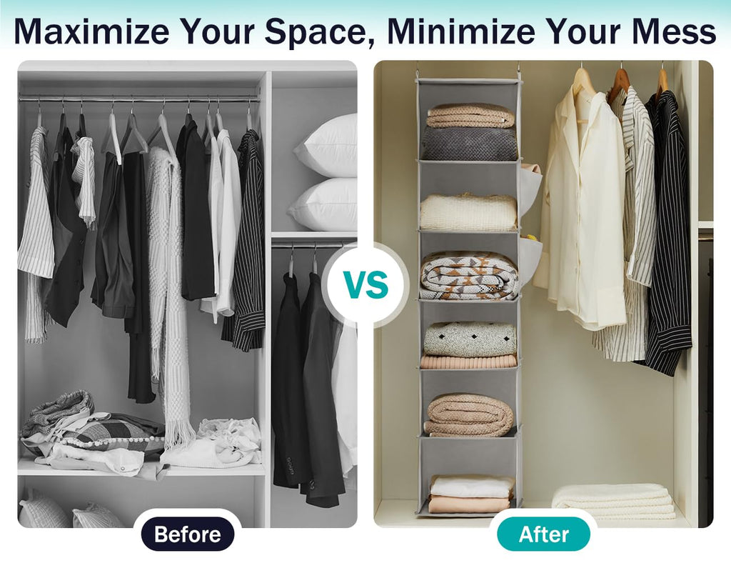 Hanging Closet Organizer and Storage, 6-Shelf, 2 Packs, Light Grey