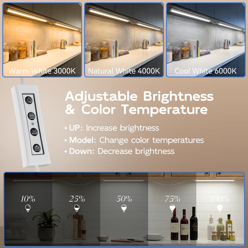 6 Pack Under Cabinet Lighting Plug in, Dimmable & 3 Color Temps