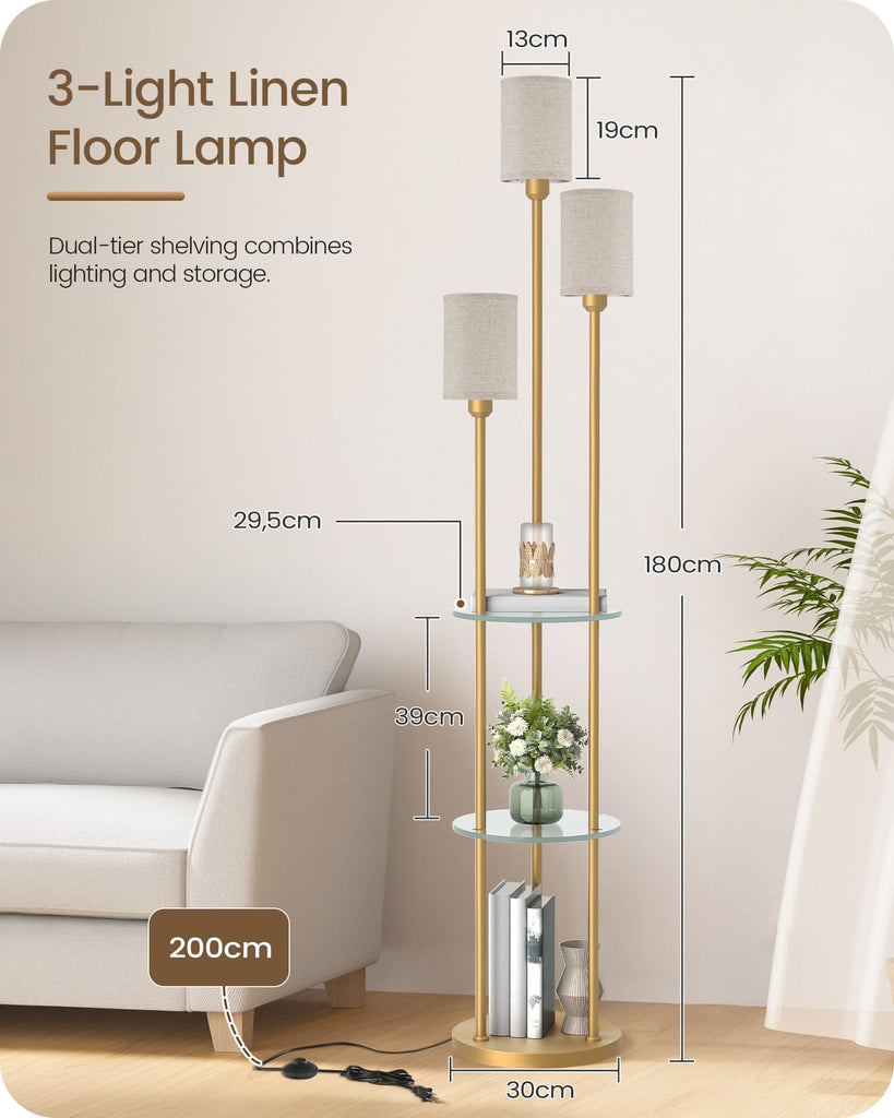 Floor Lamp with Shelves, Modern Floor Lamp with 3 Linen Shades and Foot Switch, 3-Light Standing Lamp, Study, Office