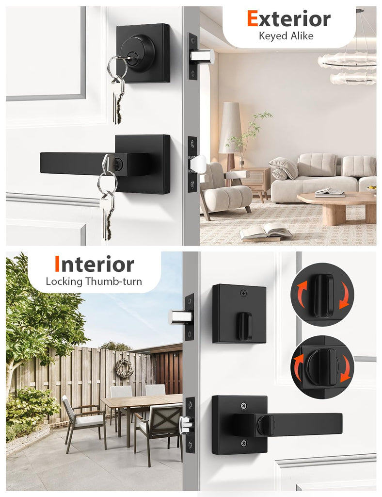 Square Keyed Alike Front/Exterior Door Levers with Single Cylinder Deadbolt, Flat Black Entry Door Knob Lock Sets