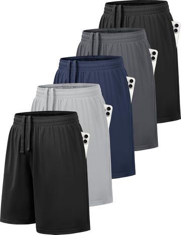 5 Pack Boys Athletic Shorts Basketball Quick Dry with Pockets