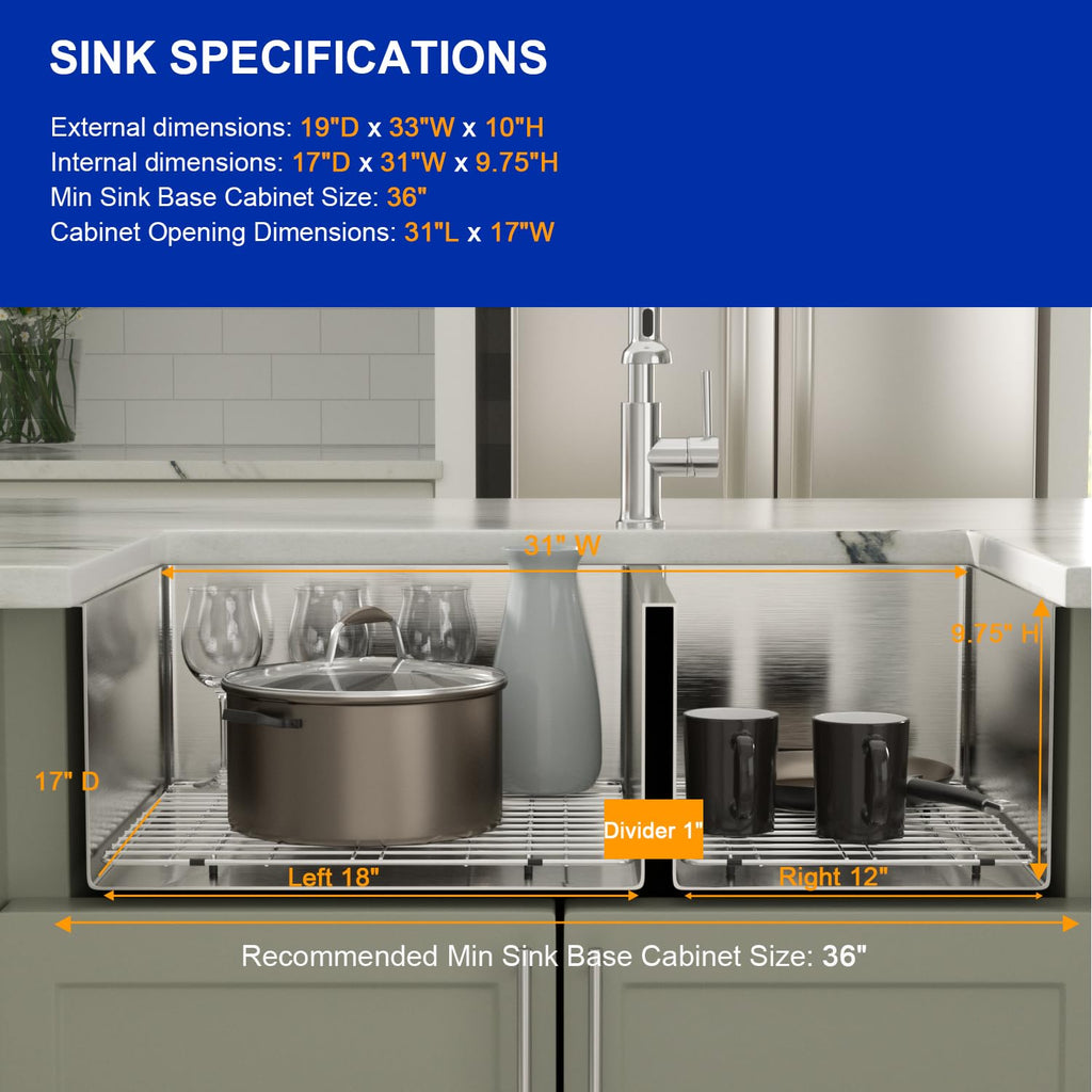 33 Inch Undermount Double Bowl Kitchen Sink 60/40 Split 16 Gauge 304 Stainless Steel Large Double Sinks, 33"x19"x10