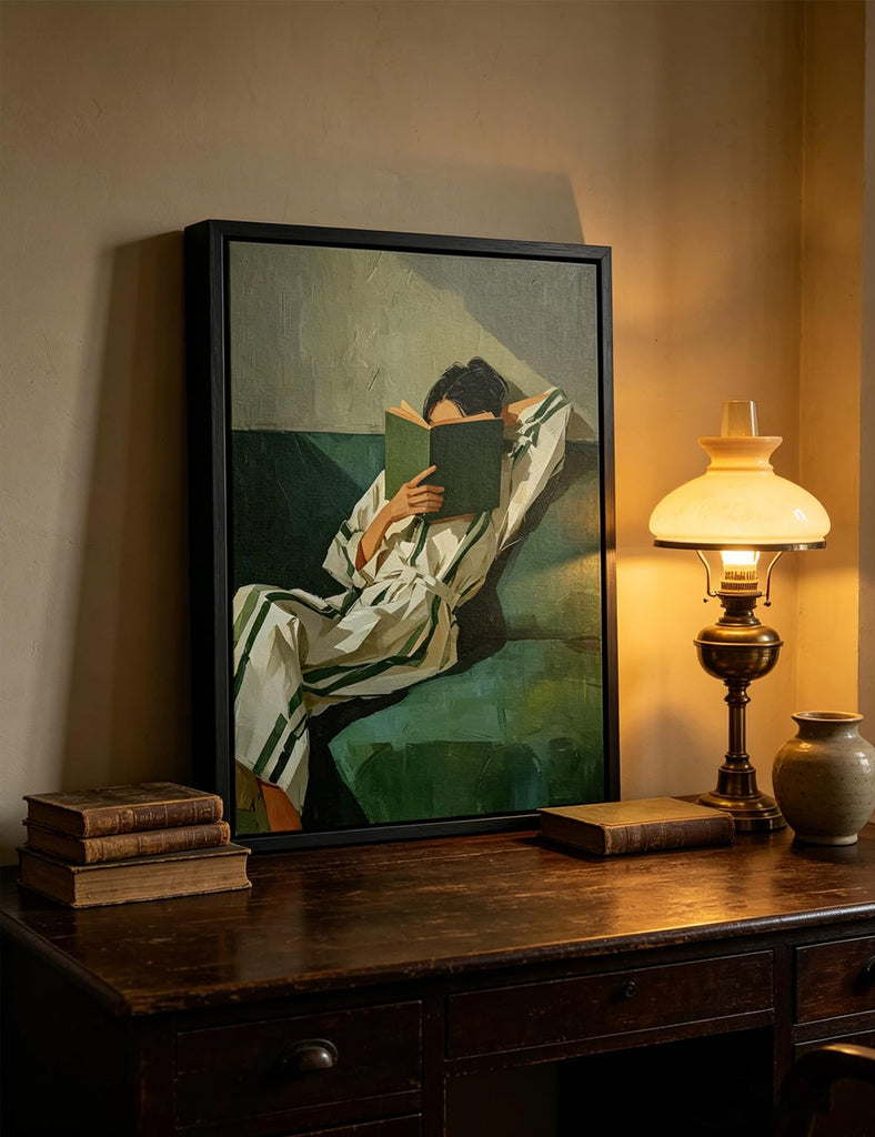 Framed Woman Reading Books Canvas Wall Art