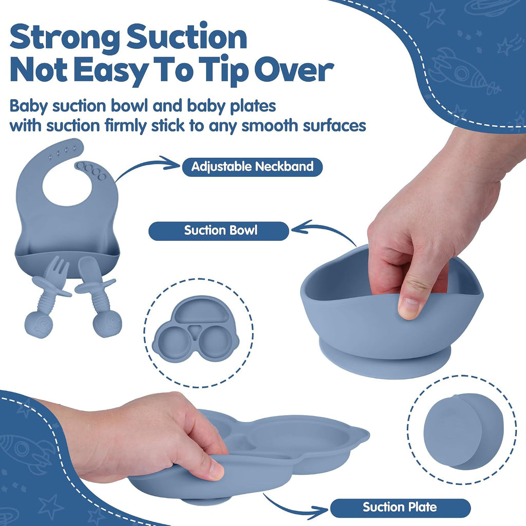 Feeding Set, Baby Led Weaning Supplies Kit With Suction Bowl & Car Plate, Bib, Spoon, Fork, Cup - Food-Grade